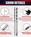 Front view: 7-piece extra-long brad-point drill bit set, 12in (300mm) carbon steel wood bits with round/reduced shanks