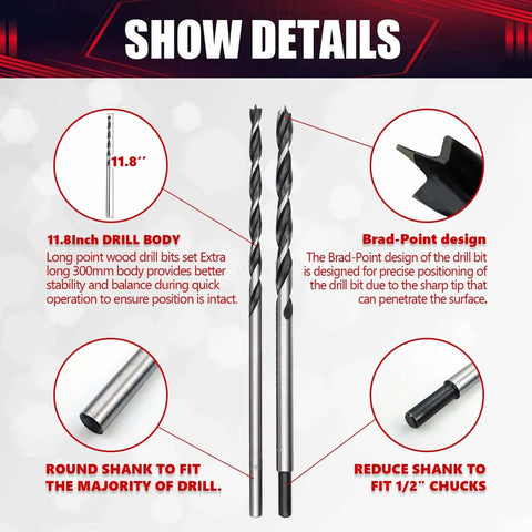 Front view: 7-piece extra-long brad-point drill bit set, 12in (300mm) carbon steel wood bits with round/reduced shanks