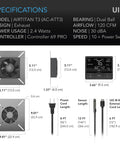 Specifications of AirTitan T3 6 Inch Exhaust Vent Fan With WiFi Temperature Humidity Controller EC Motor dimensions and components.