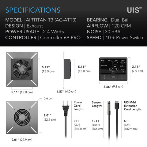 Specifications of AirTitan T3 6 Inch Exhaust Vent Fan With WiFi Temperature Humidity Controller EC Motor dimensions and components.
