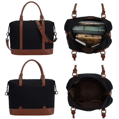 Canvas Travel Tote Bag For Women With Zipper, Weekender Duffel And Carry On Tote, top view with contents and empty interior