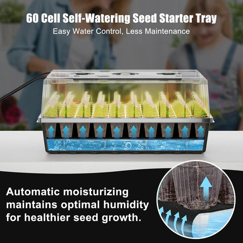 60 Cell Self Watering Seed Starter Tray With Grow Light And Heat Mat featuring humidity domes and auto timer for indoor plants