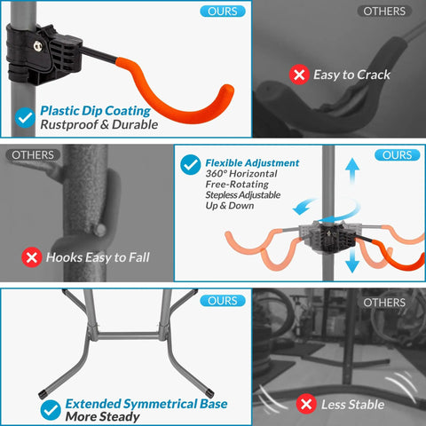 Comparison of Grab-And-Go Four Bike Rack For Garage And Home, showing rustproof coating and stable base versus other racks.