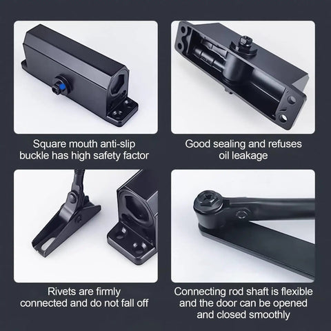 Cast Aluminum Door Closer With Adjustable Hydraulic Soft Close And Smart Closing Detection For Hands Free Auto Close, showing components and features.