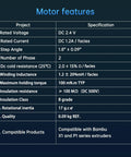 Specifications chart for Extruder Motor For 3D Printer X1 X1C P1P P1S, detailing voltage, current, torque, and compatibility.