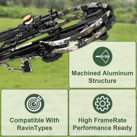 Premium Aluminum Arrow Rest for Crossbows with Machined Aluminum, compatible with RavinTypes, displayed on a crossbow.