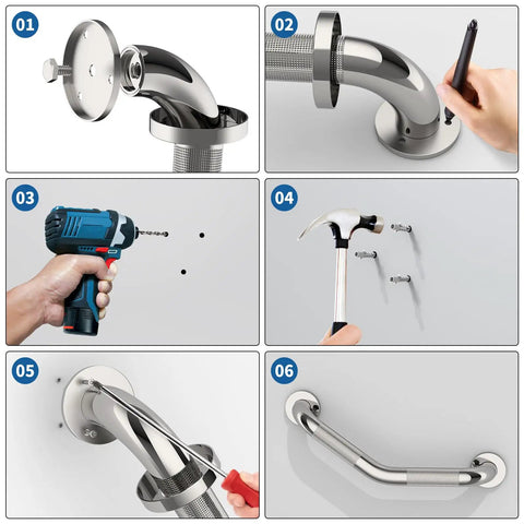 Installing Tough As Nails Heavy Duty 16 Inch Angled Shower Grab Bars 2 Pack with stainless steel tools and hardware.