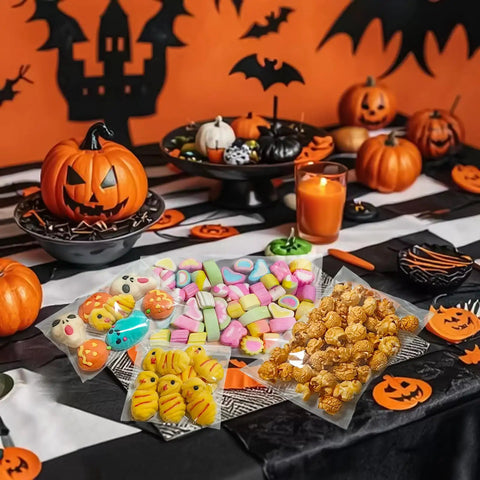 Clear 4x4 Inch Resealable Cookie Bags, 200 Pack, on Halloween table with cookies and candy, pumpkins and decorations in background