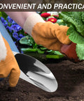 Gardener using Two Piece Stainless Steel Garden Shovel And Soil Sifter Set Portable Dirt Scoop for vegetable gardening and planting.