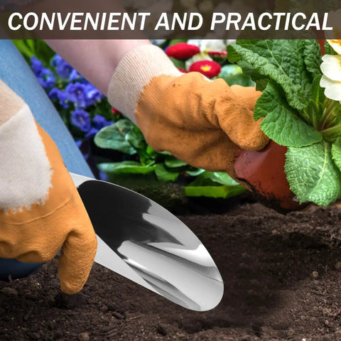 Gardener using Two Piece Stainless Steel Garden Shovel And Soil Sifter Set Portable Dirt Scoop for vegetable gardening and planting.