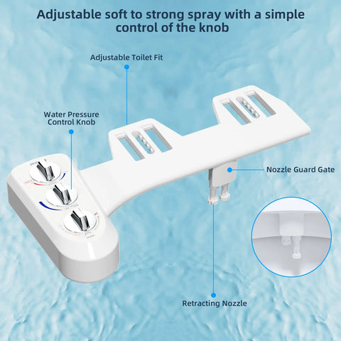 Dual Nozzle Bidet Attachment For Toilet With Self Cleaning Nozzles And Hot And Cold Water Spray shown with control knobs and nozzles