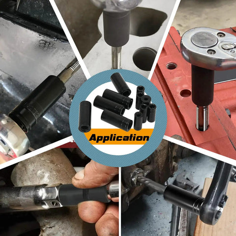Collage of Magnetic Tap Socket Kit With 11 Pieces 1/4 And 3/8 Drive in use on various metal surfaces for tapping operations.