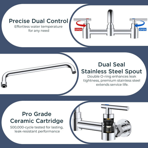 FORIOUS Chrome Wall Mount Kitchen Faucet, Adjustable 8 Inch Center 2 Handle with dual control and stainless steel spout.