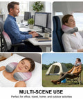 U Shaped Memory Foam Travel Neck Pillow With Pink Wood Grain Finish for airplane, car, office, and home use seen in various settings