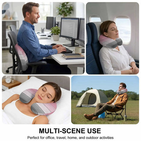 U Shaped Memory Foam Travel Neck Pillow With Pink Wood Grain Finish for airplane, car, office, and home use seen in various settings