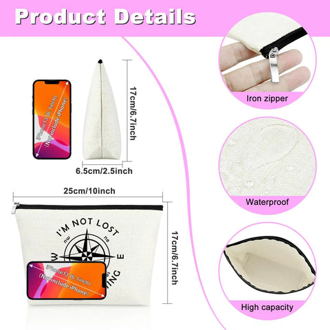 Im Not Lost Geocaching Gift Makeup Bag For Women Travel Essentials Zipper Pouch with dimensions and waterproof material details.