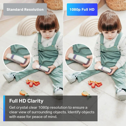 Comparison of standard resolution vs 1080p Full HD clarity for Pan Tilt Security Camera For Baby And Pets With 360 Degree View And 114 Degree Vertical Coverage 1080P HD Video Night Vision Two Way Audio Cloud And SD Card Storage Works With Alexa And Google Home Easy Setup, showcasing clear visuals of a child playing.