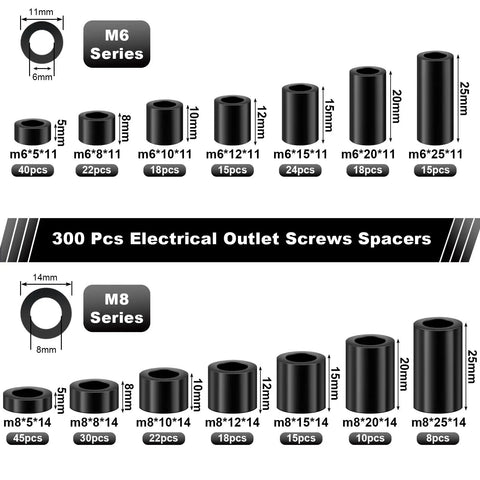 Massive 300 Piece Black Nylon Round Spacers Set Of 14 Sizes For M6 And M8 Screws Essential Electrical Outlet Kit For DIYers And Pros Durable Spacers For Installations And Repairs. M6 and M8 black nylon spacer sizes