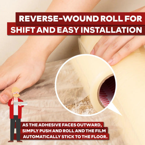 Person applying Carpet Protection Film Self Adhesive 24 Inch by 200 Feet 3 Mil Clear Sticky Carpet Protector for Construction