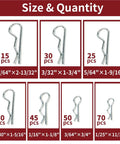 Alloy Steel R Shaped Cotter Pin Assortment Kit with 6 Sizes, 530 795 1060 Pcs, size and quantity chart
