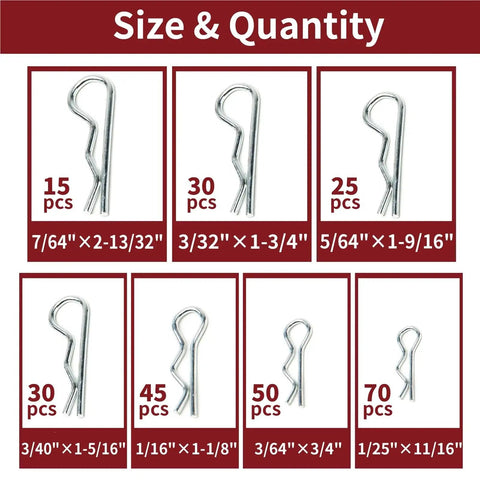Alloy Steel R Shaped Cotter Pin Assortment Kit with 6 Sizes, 530 795 1060 Pcs, size and quantity chart