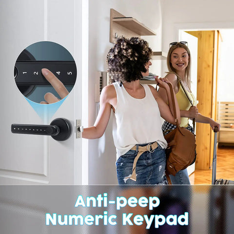 4 In 1 Fingerprint Door Lock With App Control, Password Access, Backup Key, And Keyless Entry, Smart Door Knob, Silver handle with women entering