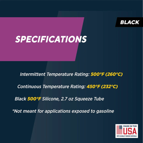 Black Rutland RTV silicone sealant, 2.7 oz squeeze tube, rated 500°F intermittent / 450°F continuous, USA-made