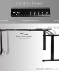 Diagram of Electric Triple Motor Height Adjustable Corner Desk Frame For L Shaped Setup With 3 Legs Sit Stand Ergonomic Frame Up To 300 Lbs Black Frame Only DESK V130EB, showing dimensions and control panel with memory presets.