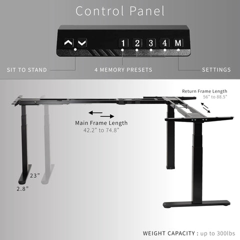 Diagram of Electric Triple Motor Height Adjustable Corner Desk Frame For L Shaped Setup With 3 Legs Sit Stand Ergonomic Frame Up To 300 Lbs Black Frame Only DESK V130EB, showing dimensions and control panel with memory presets.