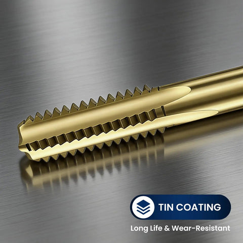Close-up of M11x2.0 4-Flute And M8x1.25 3-Flute Thread Tap Set with TiN coating on metal surface