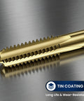 Close-up of 4 flute TiN-coated tap from Beefy Heavy Duty 11x2 Thread Tap Kit for Engine Bolts O2 Sensor and Spark Plugs, 165mm long