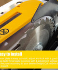 Heavy Duty Dado Throat Plate For 10 Inch Job Site Table Saw installed above a circular saw blade with yellow adjustment handle.