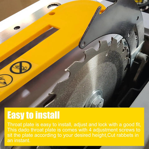 Heavy Duty Dado Throat Plate For 10 Inch Job Site Table Saw installed above a circular saw blade with yellow adjustment handle.