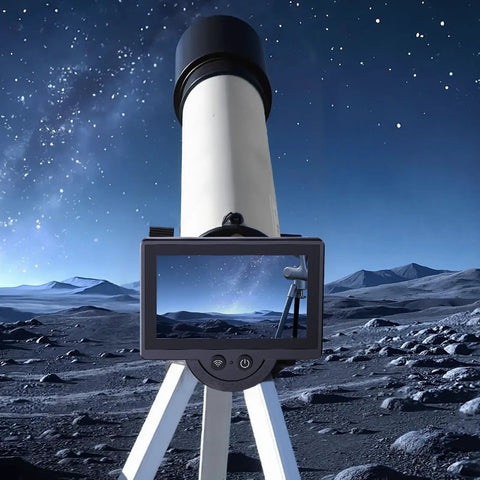 WiFi Electronic Eyepiece For Telescopes And Microscopes With 4.3 Inch HD Screen showing moon landscape, fits 26 to 47mm optics