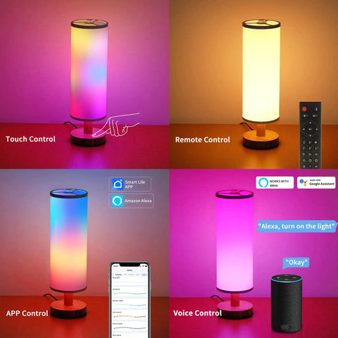 Lit Smart Table Lamps Set Of 2 With RGB Color Changing, Remote And App Control, Alexa Compatible, in four control settings.