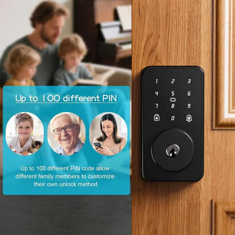 Keyless Entry Door Lock With Keypad Digital Code Deadbolt Auto Lock No WiFi Or App Needed Easy Installation One Time Codes Permanent PINs 100 Plus Customizable Combinations For Safe Home Access on wooden door
