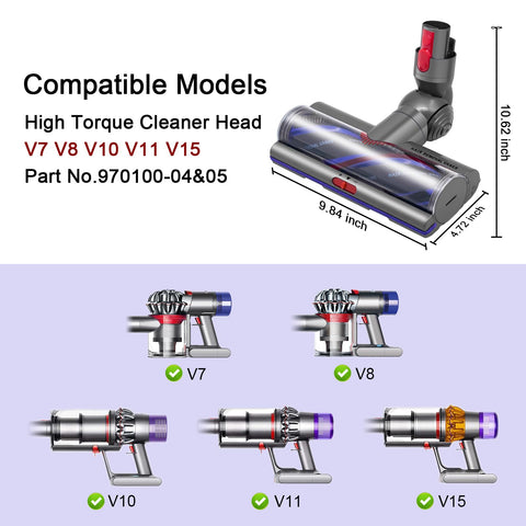 High Torque Brush Head Replacement For Dyson V11 V15 V10 V8 V7 Vacuums with dimensions and compatible models displayed.