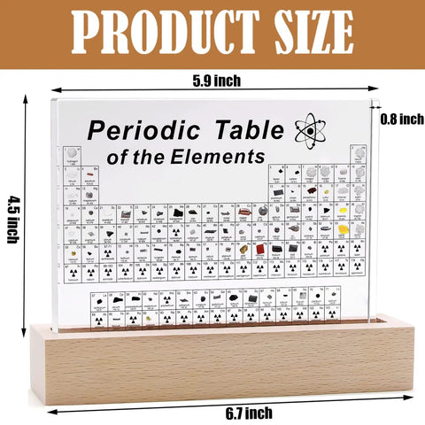 Acrylic Periodic Table With 83 Real Elements Inside Wooden Stand And Magnifying Glass Kid Friendly Educational Chemistry Display at 6.7x4.5 inches.