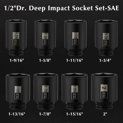 Beefy 1/2 Inch Drive Spindle Axle Nut Impact Socket Set 4 Piece CR-MO 6 Point SAE Deep Sockets With Laser Etched Size Marks
