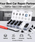 100 Piece Car Rivets Fasteners Kit With 6.3mm 8mm 9mm 10mm Multi Size Bumper Retainer Clips, Heavy Duty Plastic Auto Fastener Set For Cars And Trucks, Black, with organizer and removal tool