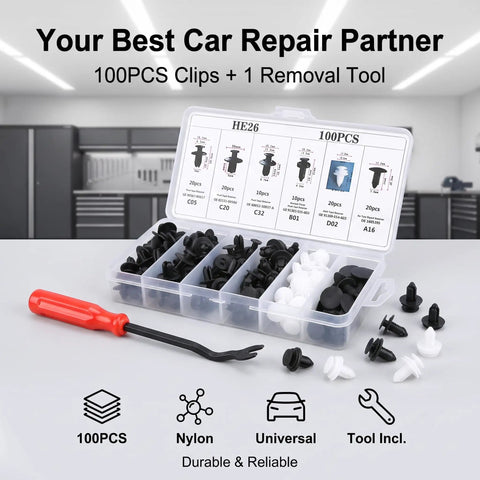 100 Piece Car Rivets Fasteners Kit With 6.3mm 8mm 9mm 10mm Multi Size Bumper Retainer Clips, Heavy Duty Plastic Auto Fastener Set For Cars And Trucks, Black, with organizer and removal tool