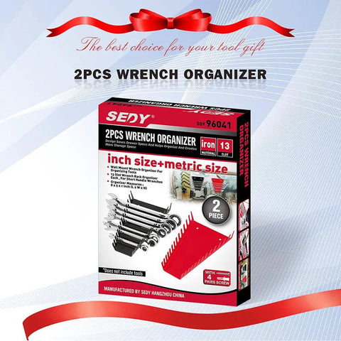 Box packaging of 2pcs wrench organizer showing iron 13 slots for inch and metric wrenches with red ribbon design