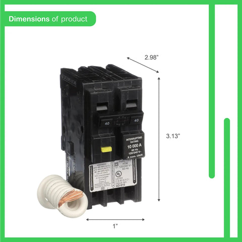 40 Amp 2 Pole GFCI Circuit Breaker For Home Use 120V 240V AC 10kA Breaking Capacity Plug In Mount Residential Class A Wire Range 12 AWG To 4 AWG Copper Or Aluminum