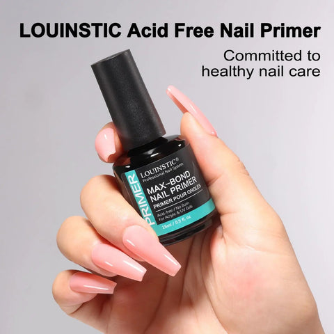 Hand holding 15ml bottle of Nail Prep Dehydrator And Acid Free Primer For Quick Drying And Safe Nails Ideal For UV Gel Acrylic Gel Polish.