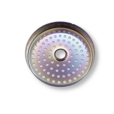 Top view of IMS Precision Nanotech shower screen, 54mm compatibility for Breville espresso machines, iridescent metal finish