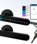 Smart Lock Fingerprint Door Lock With App Control No Fuss And 5 In 1 Keyless Entry Including Anti Peep Password IC Card USB Backup Key And Physical Key Auto Lock Easy DIY Install For Home Apartment And Co Working Spaces showing components and phone app.