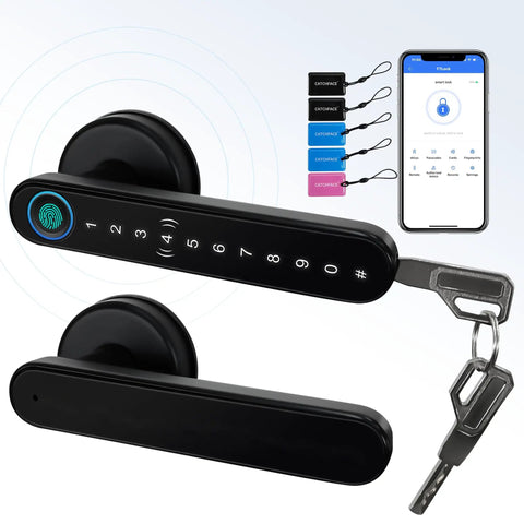 Smart Lock Fingerprint Door Lock With App Control No Fuss And 5 In 1 Keyless Entry Including Anti Peep Password IC Card USB Backup Key And Physical Key Auto Lock Easy DIY Install For Home Apartment And Co Working Spaces showing components and phone app.