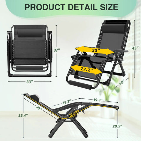Oversized Zero Gravity Chair For Outdoors And Indoors, 33 Inch XXL Recliner with detailed size measurements
