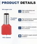 Heavy Duty 100 Pack Twin Wire Ferrules With Insulated Nylon Sleeves For Stranded Copper Ends Perfect For Control Panels And Auto Wiring Jobs Made In USA Red tin-plated copper, red nylon sleeve