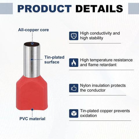 Heavy Duty 100 Pack Twin Wire Ferrules With Insulated Nylon Sleeves For Stranded Copper Ends Perfect For Control Panels And Auto Wiring Jobs Made In USA Red tin-plated copper, red nylon sleeve